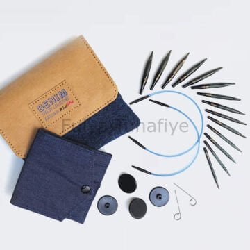 Knitpro Indigo Wood Mini Değiştirilebilir Misinalı Şiş seti - 5 cm - Kısa Uç, Denim Set