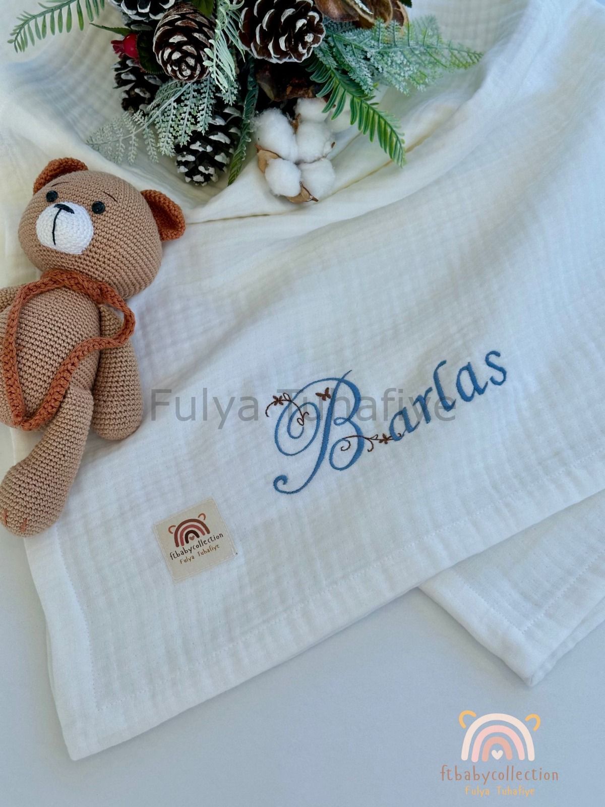 4 Katlı Müslin Kumaş Kişiselleştirilebilir Isim Nakışlı Bebek Battaniyesi 100X110 CM