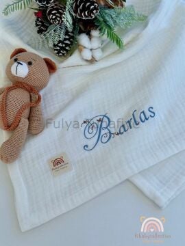 4 Katlı Müslin Kumaş Kişiselleştirilebilir Isim Nakışlı Bebek Battaniyesi 100X110 CM