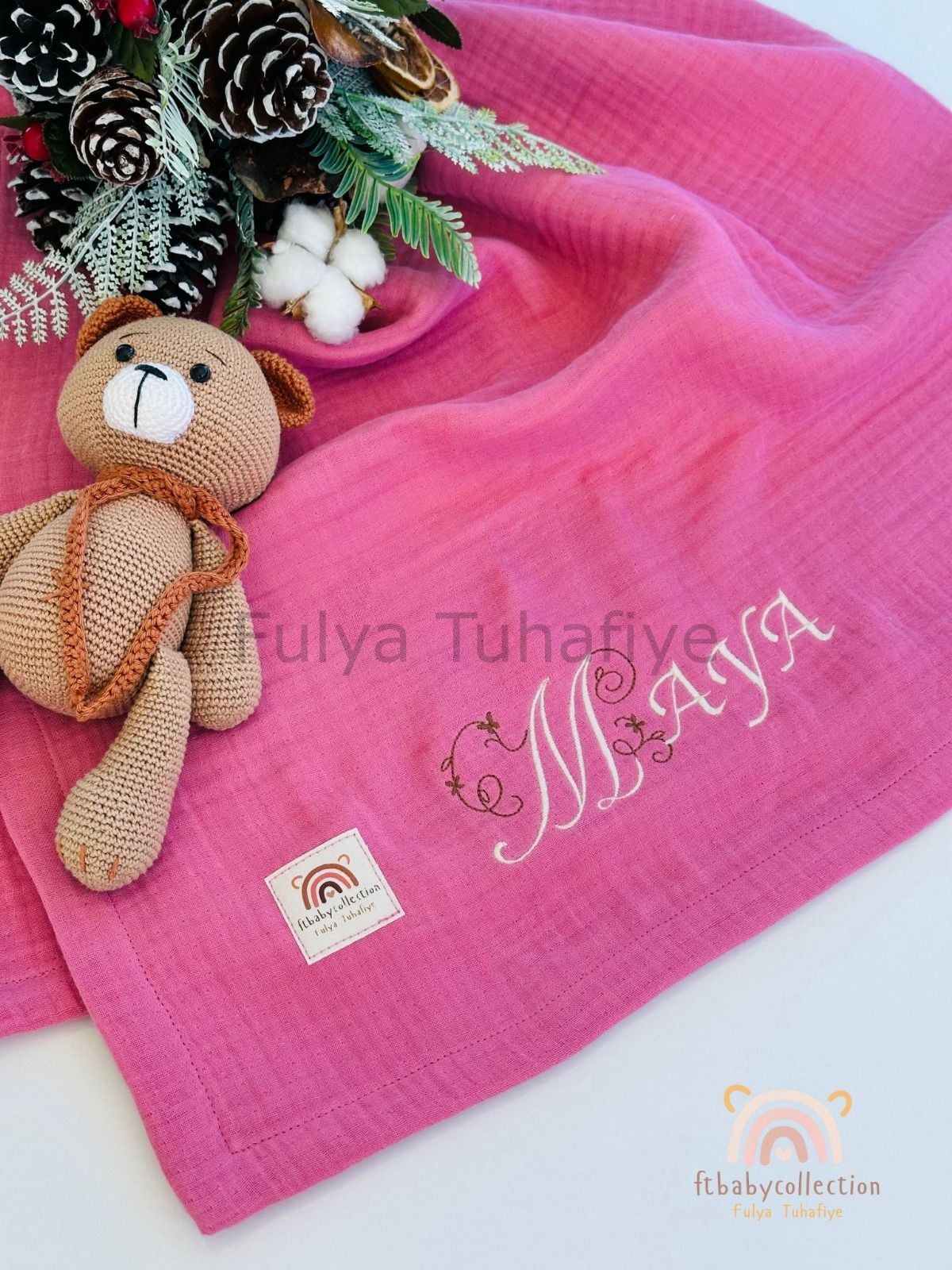 4 Katlı Müslin Kumaş Kişiselleştirilebilir Isim Nakışlı Bebek Battaniyesi 100X110 CM Pembe