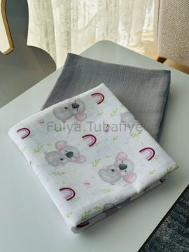 Çok Amaçlı 2'li Müslin Bebek Battaniye Seti %100 Pamuk Gri Koala