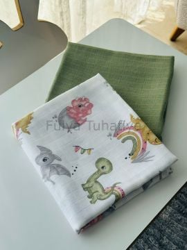 Çok Amaçlı 2'li Müslin Bebek Battaniye Seti %100 Pamuk Haki Dinazor