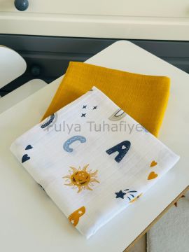 Çok Amaçlı 2'li Müslin Bebek Battaniye Seti %100 Pamuk Hardal Harf