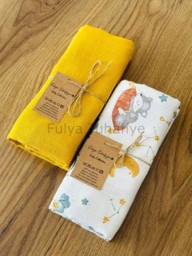 Çok Amaçlı 2'li Müslin Bebek Battaniye Seti %100 Pamuk Hardal Tilki