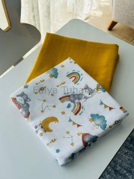 Çok Amaçlı 2'li Müslin Bebek Battaniye Seti %100 Pamuk Hardal Tilki