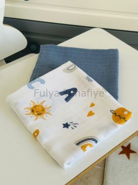 Çok Amaçlı 2'li Müslin Bebek Battaniye Seti %100 Pamuk Mavi Harf