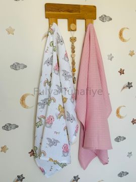 Çok Amaçlı 2'li Müslin Bebek Battaniye Seti %100 Pamuk Pembe Dino