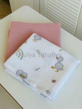 Çok Amaçlı 2'li Müslin Bebek Battaniye Seti %100 Pamuk Pembe Ördek