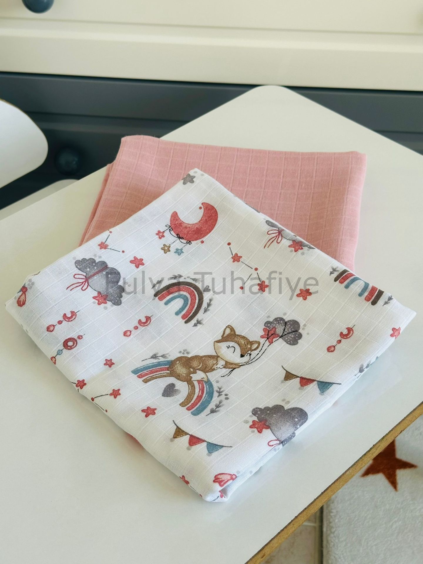 Çok Amaçlı 2'li Müslin Bebek Battaniye Seti %100 Pamuk Pembe Tilki