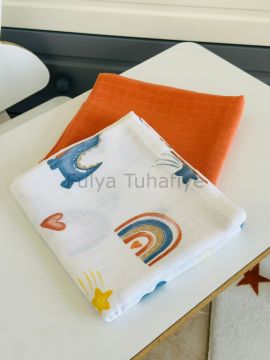 Çok Amaçlı 2'li Müslin Bebek Battaniye Seti %100 Pamuk Turuncu Dino