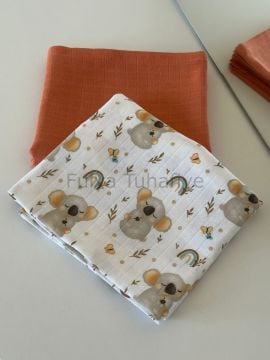 Çok Amaçlı 2'li Müslin Bebek Battaniye Seti %100 Pamuk Turuncu Koala